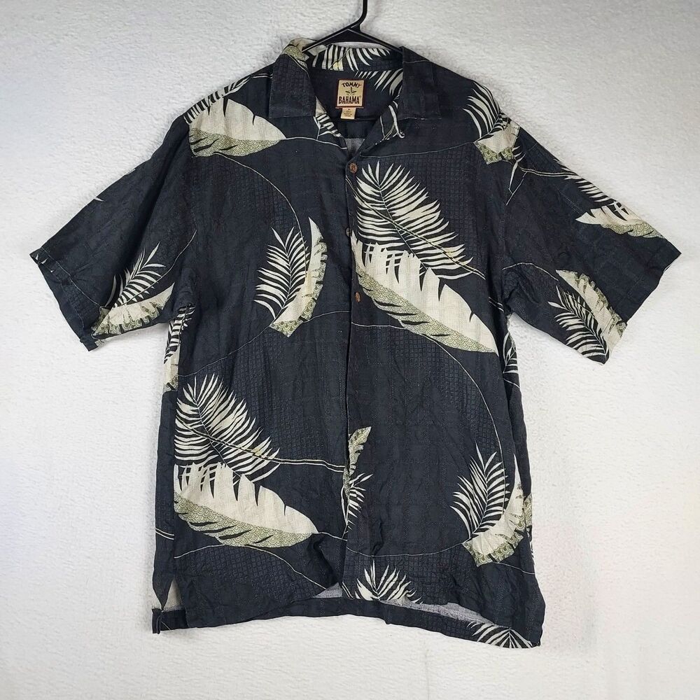Tommy Bahama Mens Silk Hawaiian Shirt M Dark Navy Palm Leaf Print Button Front